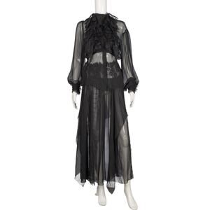 ALBERTA FERRETTI Black Silk Lace Sheer Ruffle Blouse & Skirt 3-Piece Set Size M
